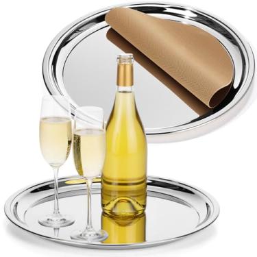 Imagem de LemonRoad Conjunto de 2 bandejas decorativas redondas prateadas espelhadas, de aço inoxidável, 36 cm, bandeja de servir de metal com acabamento espelhado, bandeja circular com tapete antiderrapante