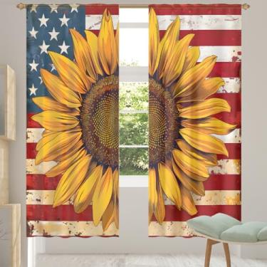 Imagem de 2 conjuntos de painéis de flores, girassol, bandeira americana, cortinas transparentes e arejadas, com filtro leve, painéis de cortina de porta e janela para sala de estar, quarto, jantar, 203 cm de