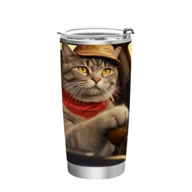 Imagem de Blueangle Copo de 590 ml com tampa e canudo, copo de café com água isolada a vácuo de aço inoxidável, caneca térmica de viagem de carro para dirigir gatos para bebidas quentes e frias (44)