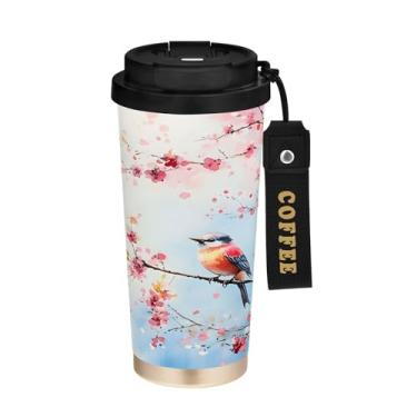 Imagem de SEHANY Caneca de café de viagem Flores e pássaros de 482 g com tampa revestida de cerâmica e à prova de vazamento, parede dupla, copo de aço inoxidável isolado a vácuo para bebidas quentes e frias