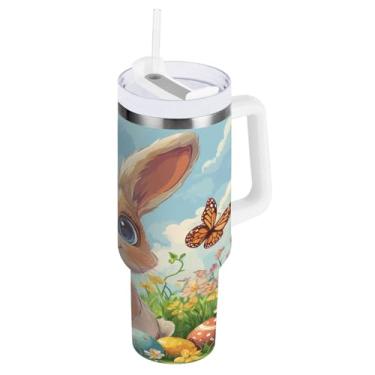 Imagem de ATTX Copo de coelho fofo da Páscoa de 850 g com alça, copo de aço inoxidável a vácuo de parede dupla com palha, caneca de café de viagem isolada #57