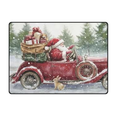 Imagem de Blueangle Tapetes de Natal laváveis de 10 x 13 cm para sala de estar - Tapete ultramacio antiderrapante resistente a manchas com estampa de carro vermelho vintage, decoração de férias para quarto e