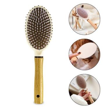 Imagem de Escova de Cabelos Profissional Oval Almofadada Cabo Madeira Desembaraç