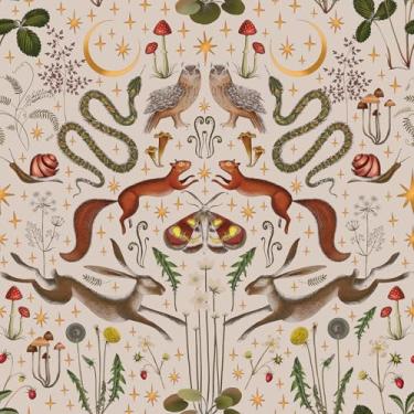 Imagem de FunStick Papel de parede rosa de 44,5 cm x 899 cm, papel de parede vintage de fadas e cogumelos animais da floresta para banheiro, meninas, quarto, flor, à prova d'água, papel de parede autoadesivo