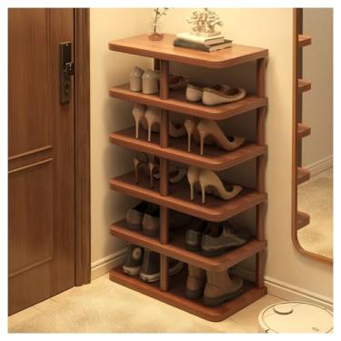 Imagem de SPXMQSS Sapateira, 6/7/8 andares, suporte de sapato, de madeira, estreito, prateleira aberta para armazenamento de armário para 10 a 14 pares para entrada, corredor, sala de estar, marrom, 6 níveis 48