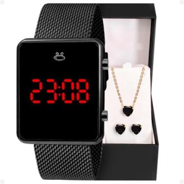 Imagem de relogio feminino digital aço inox + colar + caixa + brincos preto puls