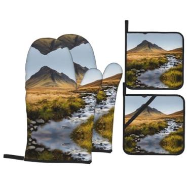 Imagem de Mountain Waterfall - Conjunto de luvas de cozinha estampadas com suportes de tampa, luvas de forno resistentes ao calor para manusear panelas quentes, grelhar, churrascos, kit de 4 peças.