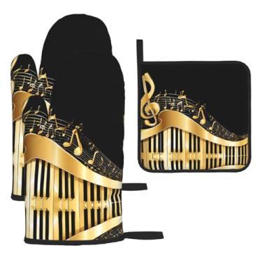 Imagem de Novel Music Note – Conjunto de cozinha essencial com 3 peças, luvas resistentes ao calor e aderência da tampa, proteção para churrasco no forno, design de armazenamento suspenso.