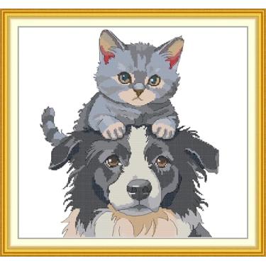 Imagem de CrossNest Kit de ponto cruz com contagem de animais de 14 quilates para iniciantes, conjunto completo de bordado DIY não impresso com padrão e ferramentas, pano Aida premium e fios para gatos e cães