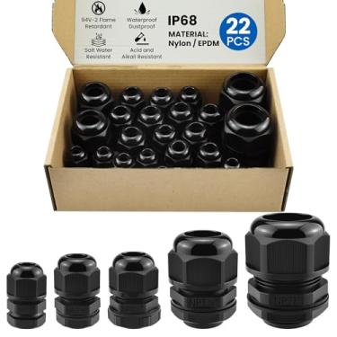 Imagem de MILYARD Kit de prensa de cabos NPT, conectores de nylon à prova d'água IP68, 1/10.2 cm, 3/20.3 cm, 1/5.1 cm, 3/10.2 cm, 2.5 cm, cabo ajustável para caixa de junção, painel de arame