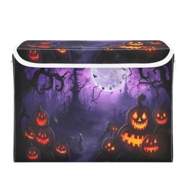 Imagem de WELLDAY Caixa de armazenamento de abóboras de Halloween com tampas, bancos maiores dobráveis de armazenamento de tecido com alças para sala de estar, sala de jogos, quarto, berçário 40 x 32 x 39 cm