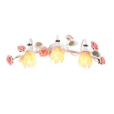 Imagem de Luminária frontal para espelho de banheiro estilo campestre, com design floral europeu, ideal para maquiagem e penteadeira. Arandela de parede para banheiro com 3 lâmpadas.