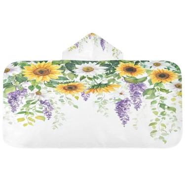 Imagem de Burbuja Girassóis Flores Roxas Toalha de Banho com Capuz para Crianças, Toalha de Praia de Pelúcia Absorvente Macia para Meninas Meninos Chuveiro 3-10 anos, 61x127 cm