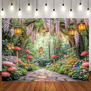 Imagem de Cenário de floresta encantada de primavera de 3,5 x 2,3 m, cenário de flores de jardim do país das maravilhas de conto de fadas para fotografia, decoração de festa de chá com borboleta de cogumelo