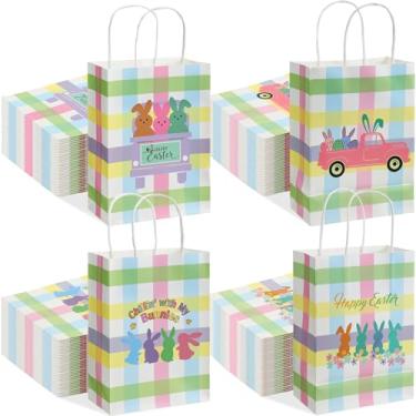 Imagem de Weysat 100 peças de sacos de papel para presente de Páscoa feliz a granel colorido de coelhinho com alças bolsa de caça ao ovo para lanche doce lembrancinha de festa primavera artigos de festa de