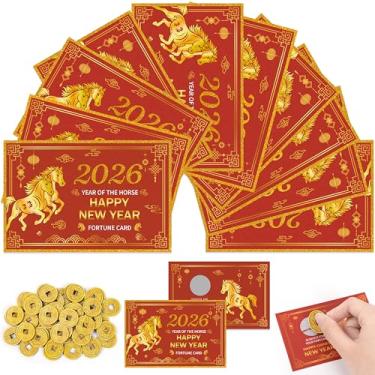 Imagem de Renbuzhu 100 Pcs Chinese New Year 2026 Scratch Off Fortune Cards - Lunar Years Horse Designs with 50Pcs Wooden Coins Games for Gifts Party Favors Supplies