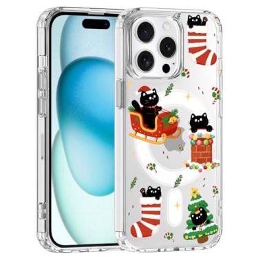 Imagem de JOYLAND Capa para iPhone 16 Pro, compatível com MagSafe, capa de telefone transparente com design de gato de Natal, capa protetora antiamarelamento TPU macio à prova de choque com proteção contra