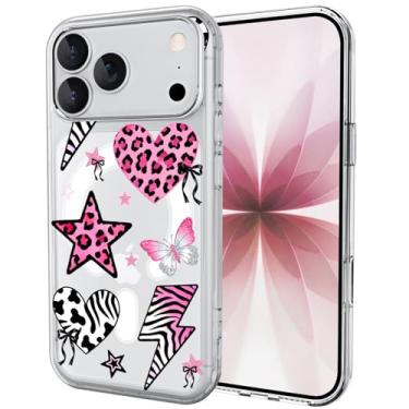 Imagem de OFQKOAKS Capa para iPhone 16 Pro, compatível com MagSafe, capa de telefone com design magnético de coração de estrela de leopardo, transparente e macia para mulheres e meninas