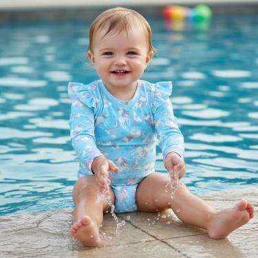 Imagem de Maiô Infantil Manga Longa Proteção UV 50+ Unicórnios Azul Tip Top