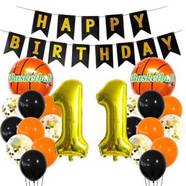 Imagem de Balão esportivo dourado de 11 anos, decoração esportiva de 11 anos, 11º aniversário, troféu de basquete, 11 balões, tema esportivo de basquete dourado, decoração de festa para crianças, meninos