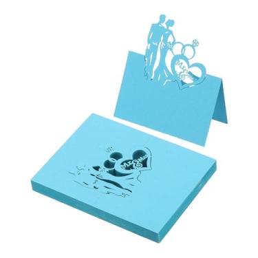 Imagem de PATIKIL 50 peças de cartões de casamento, cartões de nome, papel com glitter, etiquetas de assento dobradas para mesa, buffet, recepção, jantar, festa, azul celeste