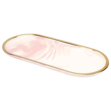 Imagem de BUNCHBRAVO Suporte de pia de banheiro de cerâmica com acabamento dourado, organizador de pia de banheiro moderno, decoração de bancada de cozinha doméstica, rosa