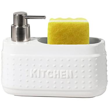 Imagem de Dispensador de detergente branco para pia de cozinha. Dispensador de detergente de louça de cerâmica com suporte de esponja - Grande capacidade de 595 g