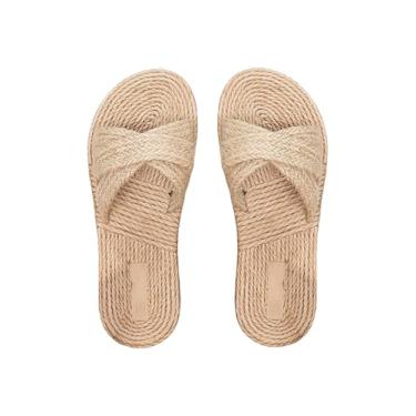 Imagem de OYOANGLE Sandália feminina de linho leve para praia, trançada, bico aberto, boêmia, para férias, Caqui, 36