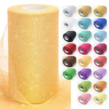 Imagem de Rolos de tecido de tule com glitter amarelo, 15,8 cm x 50 m de fita de carretel cintilante, rede de lantejoulas para decoração de tutu faça você mesmo, decoração de casamento, decoração de festa de