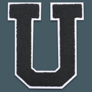 Imagem de QianSiLi Remendos de letras universitárias de chenille preto de 15 cm, letras grandes para jaquetas Letterman, moletons com capuz, mochilas, coletes, roupas, adesivos individuais da letra U