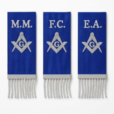 Imagem de Conjunto de fitas bíblicas maçônicas de 7,6 – 45,7 cm prata bordadas E.A., F.C., M.M. M. Marcadores de cetim – fitas azuis reais com franjas prateadas