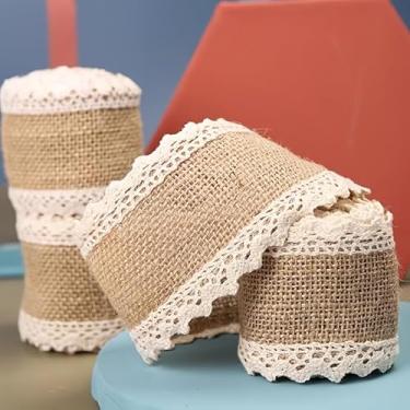 Imagem de Rolo de fita de juta natural de 2 metros com acabamento de renda - decoração rústica de casamento e casa, suprimentos de artesanato, fibra natural durável para embrulho de presente, decorações de