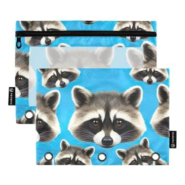 Imagem de Bolsa de lápis rosa para fichário de 3 anéis, linda cabeça de guaxinim, fichário azul com zíper, bolsa de lápis, fichários escolares, bolsos transparentes 25 x 18 cm, 2 pacotes