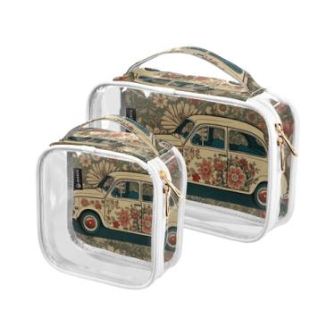 Imagem de GAIGEO Bolsa transparente de desenho animado Bee Happy para artigos de higiene de viagem, bolsa de maquiagem para carro, bolsa de higiene de viagem feminina, pacote com 2, Ônibus retrô margarida, one