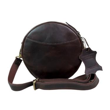 Imagem de Madosh Bolsa tiracolo redonda elegante para mulheres – Bolsa pequena circular de couro legítimo, ombro lateral, bolsa moderna, Marrom escuro, Small