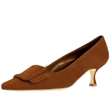 Imagem de Divanne Sapato feminino de camurça, salto gatinho, fivela, bico fino, salto baixo, sapato social, Camurça marrom, 41