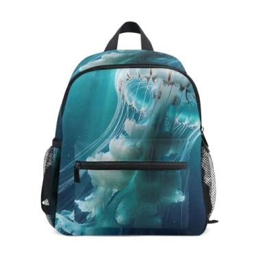 Imagem de GAIGEO Jellyfish Sea Blue Toddler Mini Backpack with Whistle, 2 Bottle Pockets, Lightweight, Back to School Backpacks 10x4x12 In, for Ages 3-8