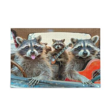 Imagem de Quebra-cabeças adultos de 500 peças Group of Raccoons is Driving a Car Picture Puzzles, papel e madeira compostos para homens com bolsa de armazenamento