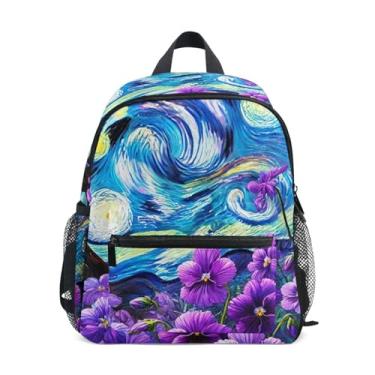 Imagem de GAIGEO Violet Flowers Starry Night Child Backpack, 10x4x12 In, Toddler Backpack for Girls Includes Water Bottle Pockets, Whistle Clip for Safety