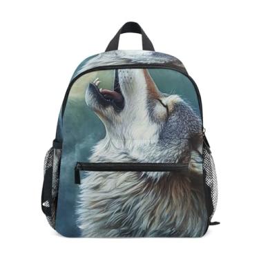 Imagem de GAIGEO Painting Wolf Howling at Moon Childrens Backpack with Whistle, 2 Bottle Pockets, Lightweight, Backpacks for Preschool 10x4x12 In, for Ages 3-8