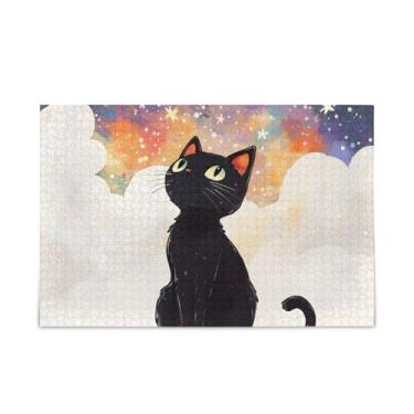 Imagem de Quebra-cabeça de gato preto fofo de 500 peças, composto de papel e madeira, quebra-cabeças complexos para adultos com suporte de letras
