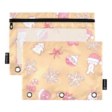 Imagem de GAIGEO Pasta feminina com 3 argolas, estojo para lápis, fichário com zíper, estojo para canetas, fichários transparentes, escola, branco, rosa, biscoitos de Natal, marrom, 25 x 18 cm, 2 pacotes