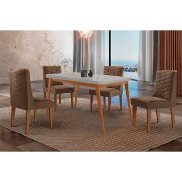 Imagem de Sala Jantar Mesa Havana Tampo c/ Vidro Curvo 120cm+4 Cadeiras Dafne Madeira Naturale/Off White - Capuccino/Suede Marrom - Rufato