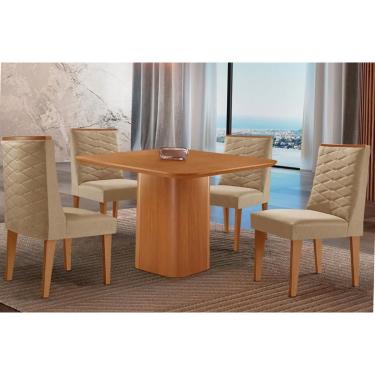 Imagem de Sala Jantar Mesa Maldivas Tampo Curvo 90cm+4 Cadeiras Dafne Madeira Naturale - Capuccino/Linho Bege - Rufato