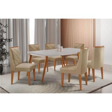Imagem de Sala Jantar Mesa Havana Tampo c/ Vidro Curvo 180cm+6 Cadeiras Pietá Madeira Naturale/Off White - Capuccino/Linho Bege - Rufato
