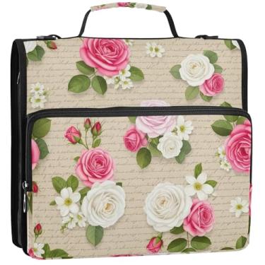 Imagem de Organizador de fichário de tecido com zíper de 3 cm para fichários de 3 anéis, estojo de armazenamento de rosas vintage resistente com alça com alça para escola, 34,5 x 31,5 x 9 cm