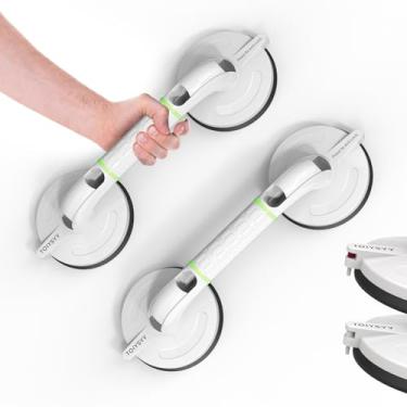 Imagem de Barras de apoio para chuveiro com ventosa, barras de apoio resistentes de 120 kg para banheiras e chuveiros, alças de chuveiro sem perfuração com indicador de segurança, brilho noturno, ajuste para