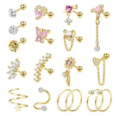 Imagem de IRONBOX Brincos de cartilagem de aço inoxidável com 18 peças, para mulheres e homens, flor, coração, folha, hipollergênico, tarraxa, zircônia, tragus, sofá, hélice, piercing, Aço inoxidável, aço inoxidável