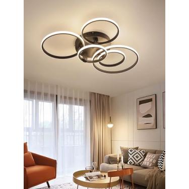 Imagem de Luminária de teto LED moderna, redonda, com intensidade regulável e controle remoto, em acrílico, com design econômico para iluminação de sala de jantar, quarto e cozinha (preta, 5 anéis).