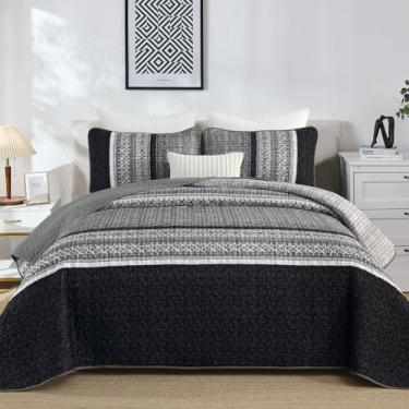 Imagem de Menghomeus Conjunto de cama King, conjunto de colcha de cama listrada de retalhos, preto, Queen, 3 peças, macio, leve, boêmio, conjunto de colcha para todas as estações, 264 x 228 cm